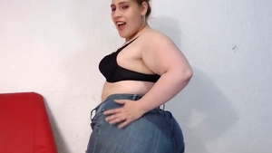 Fat girl in denim jeans toys action