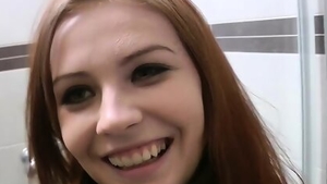 Charming pornstar cumshot in restroom