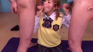 Japanese wearing uniform gangbang in classroom
