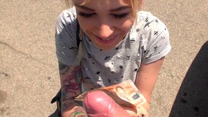 Teens Love Money: Inked blonde POV blowjobs in public